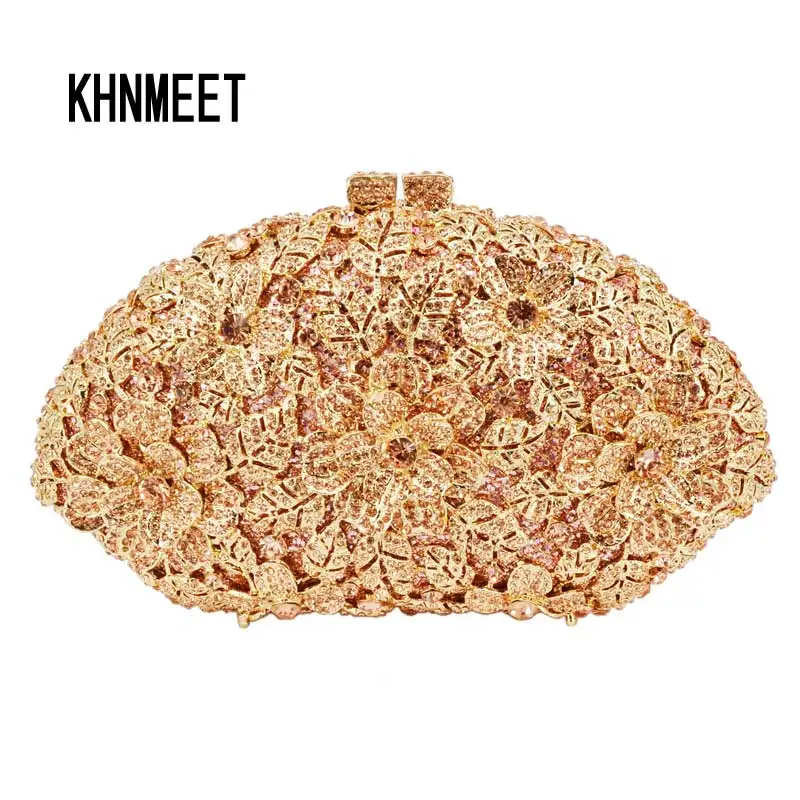 Khnmeet Clutch Crystal Bag Champagne Flower Wedding Women Evening Bag Sparkly Ladies Party Purse Pochette Banchetto Prom Bag Sc282