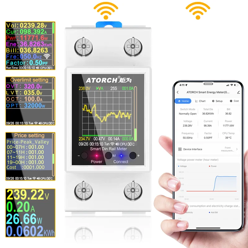 1P Tuya Ac50-320V Smart Life Din Rail Wifi Smart Energy Meter Timer Consumo Energetico Monitor Kwh Meter Wattmetro 100A 50/60Hz