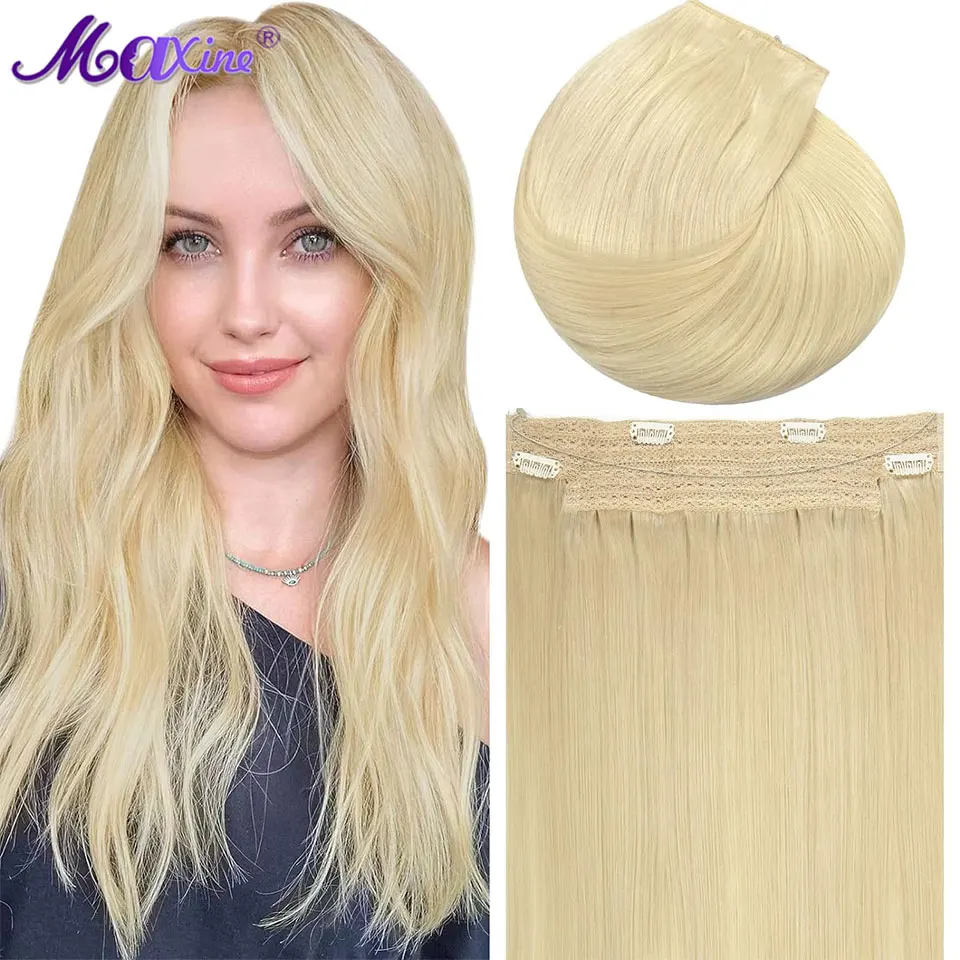 Maxine Wire Hair Extensions Real Human Hair Straight Seamless Fish Line Hairpiece Highlight Colore Biondo Halo Hair Extensions