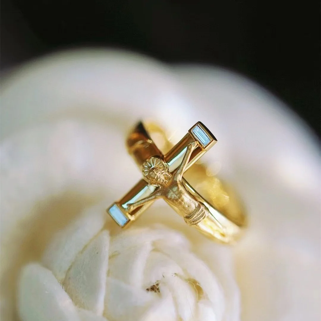 Relief T Square Diamond Cross Ring 18K Solid Yellow Gold (Au750)Women Ins Blogger Popular Fashion Party Fine Jewelry