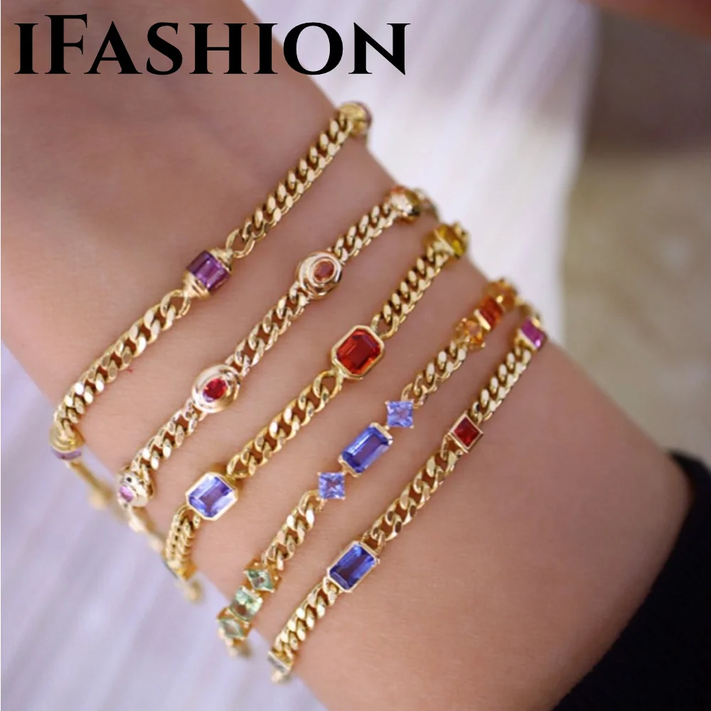 Ifashion Rainbow Sapphire Cuba Chain Bracciale 18K Solid Yellow Gold (Au750)Italian Craft Imported Chain Women Fine Jewelry
