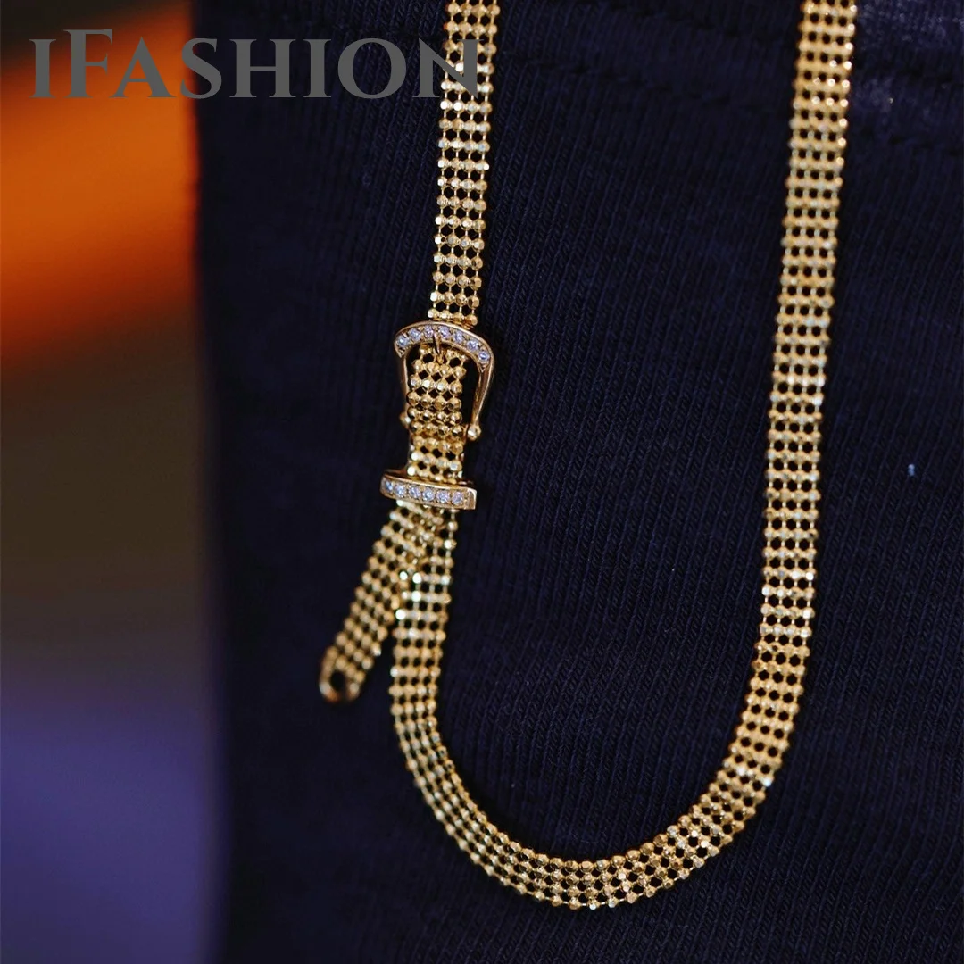 Bracciale Con Collana Di Diamanti Con Fibbia Per Cintura 18K Import Solid Yellow Real Gold Jewelry(Au750)Women Designer Chain Fashion Lady