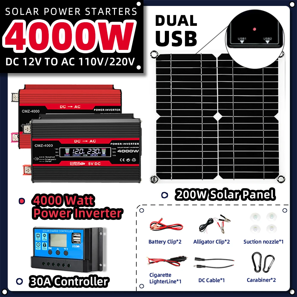 Soalr Kit Power Generation Combo 4000W Inverter 200W Pannello Solare 220V Set Completo Per House 30A Controller Muslimah Camping