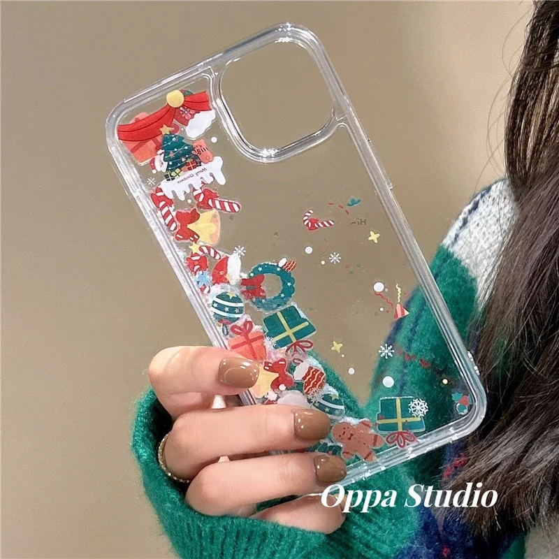 Cartoon Floating Elements Gift Quicksand Case Per Iphone 15 14 13 Pro Max 12 Hard Antiurto Funda Cover Liquid Shiny Decor Capa