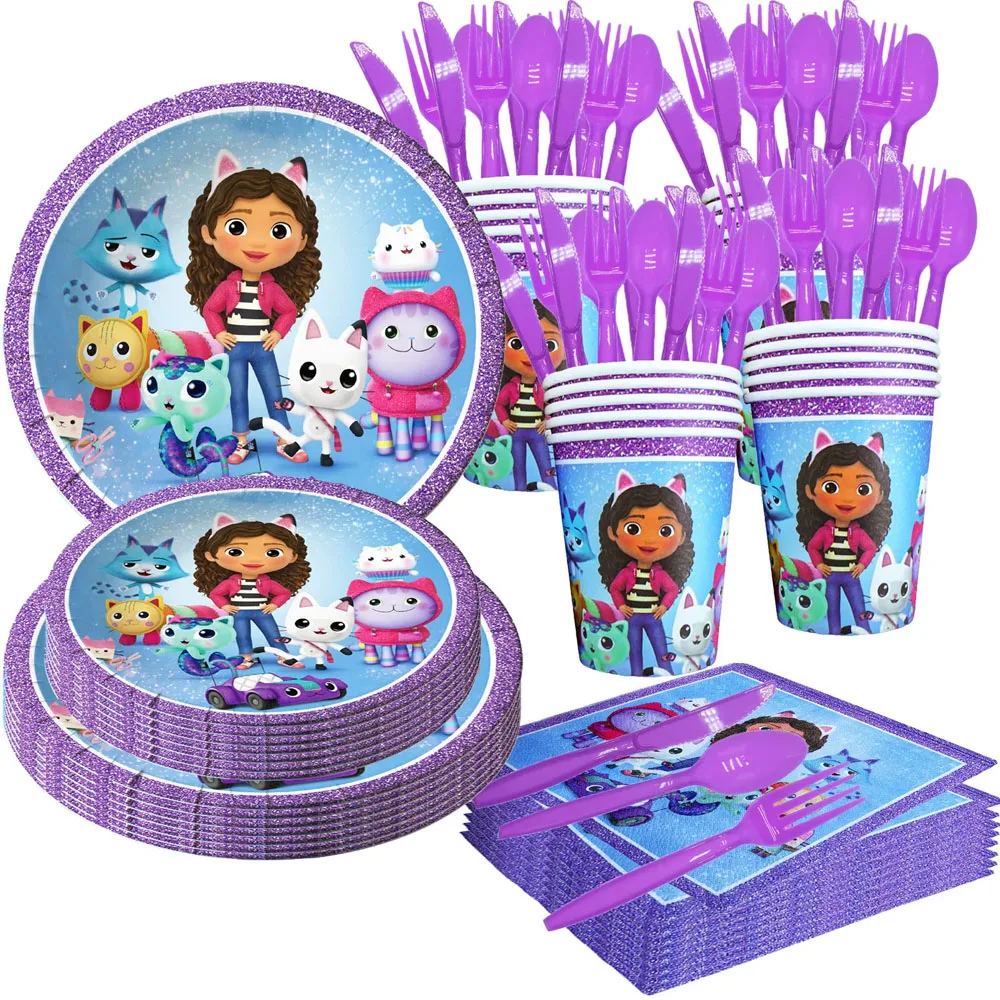 Gabbys Dollhouse Birthday Decoration Cats Balloon Stoviglie Usa E Getta Sfondo Per Bambini Gabby Doll House Figures Forniture Per Feste