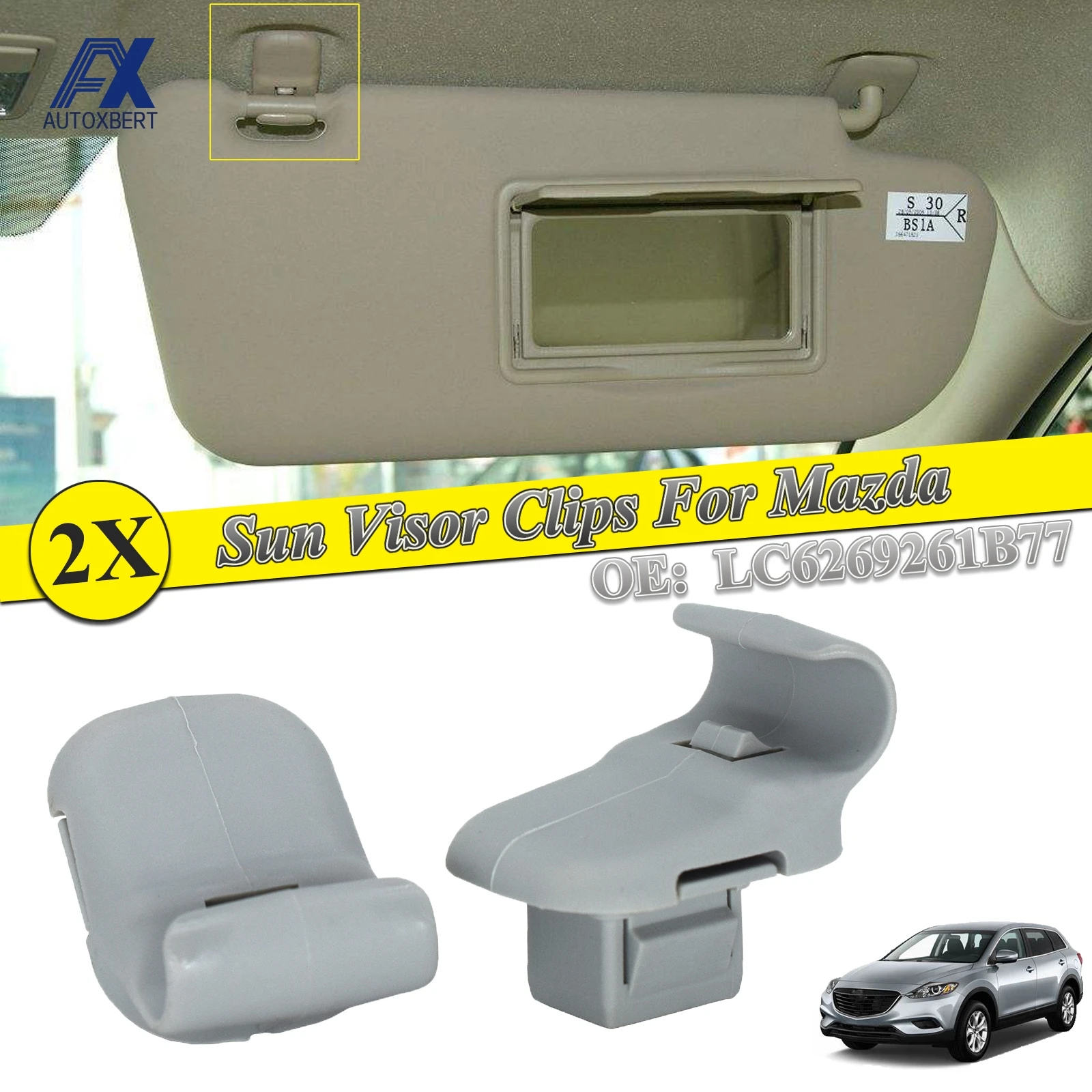 Grigio 2Pcs Di Montaggio Per Auto Visiera Di Sun Della Clip Gancio Grigio Adattatore Lc6269261B77 Per Mazda 3 Bk 5 6 Cx-7 Cx-9 Rx-8 Rx-9 Mpv