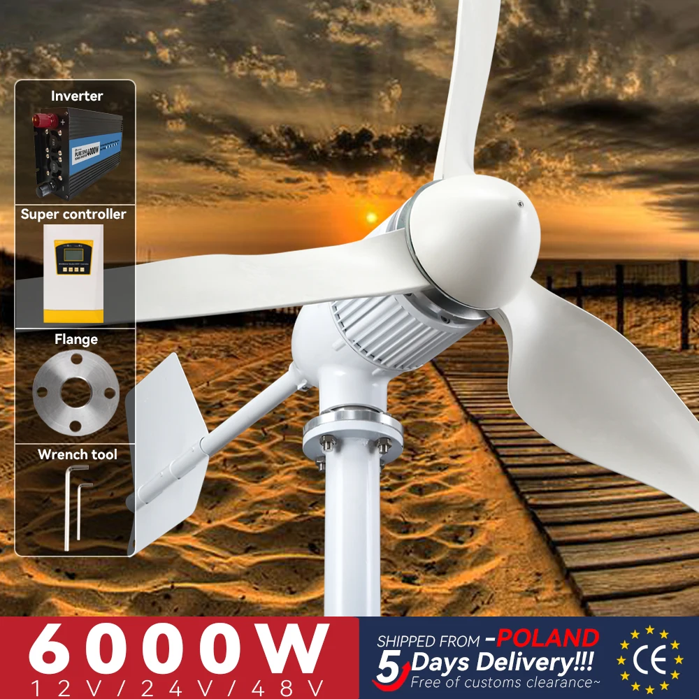 Generatore A Turbina 6Kw Energia Eolica Domestica 3 Pale 24V 48V Energia Libera Con Controller Caricabatterie Super Ibrido Inverter Off Grid