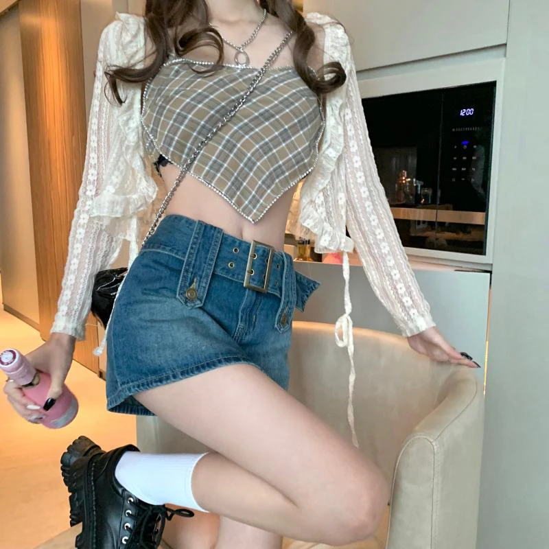 Varofi Large Size Denim Skirt Womens Summer Retro High Waist Spice Girl Miniskirt Belt Skirt With Skirt Lining