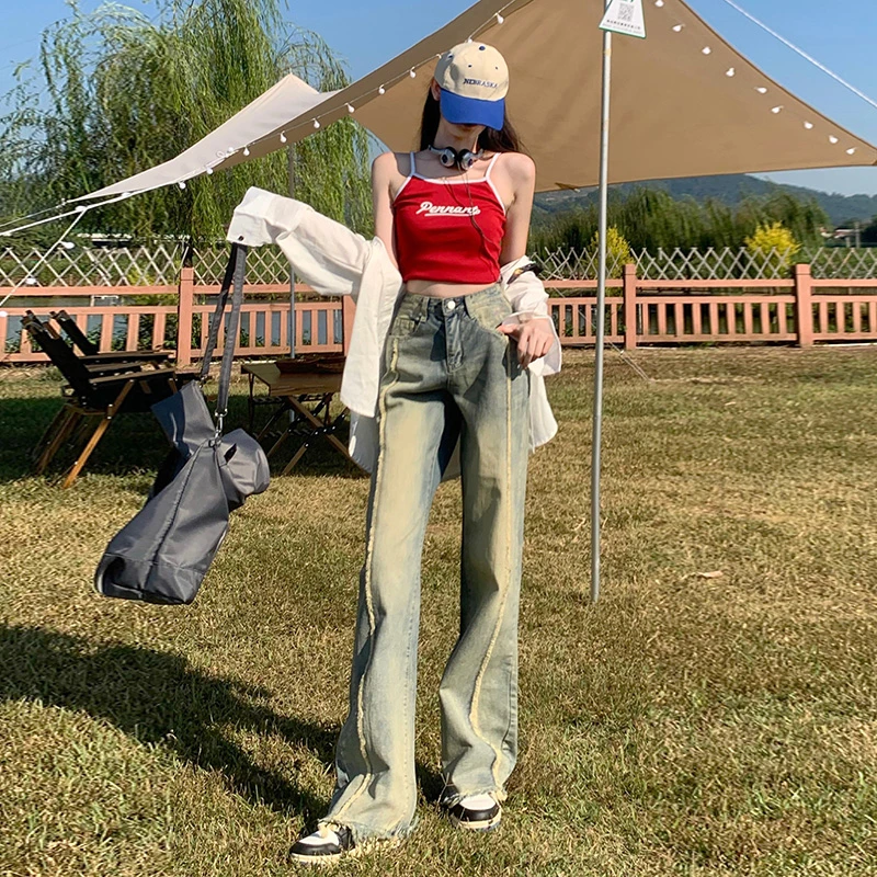 Jeans Vintage Blu Wash Old Fry Da Donna Pantaloni Skinny A Gamba Larga A Vita Alta Spice Girls Ins