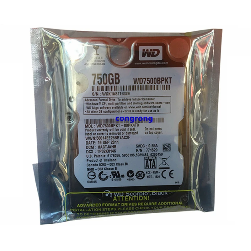 Wd Black 750Gb 2.5 "Sata Ii Hard Disk Interno Per Notebook Laptop 750G Hdd Hd Hard Disk 3 Gb/S 16M 9Mm 7200 Rpm