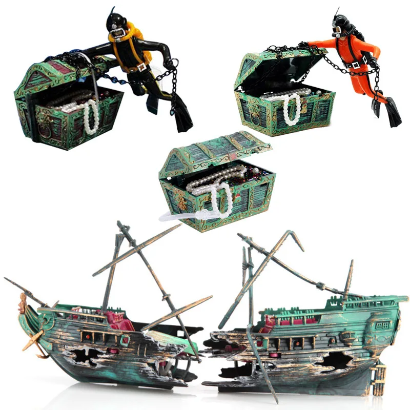 Fish Tank Ornament Uniquetreasure Chest Diver Frogman Mini Water Landscape Aquarium Decor Personaggio Dei Cartoni Animati Colorato Sunken Ship