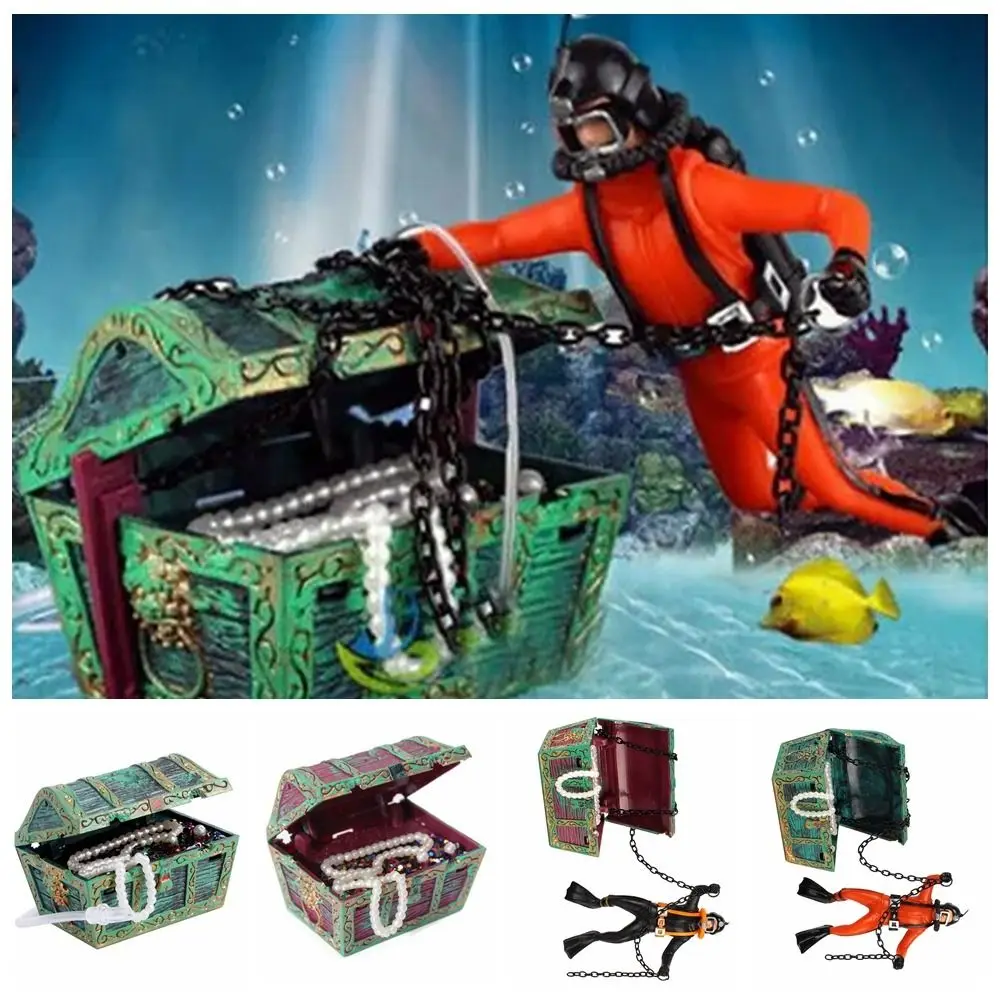 Resin Treasure Chest Pet Supplies Fish Tank Decoration Floating Frogman Diver Aquarium Ornament Treasure Hunting