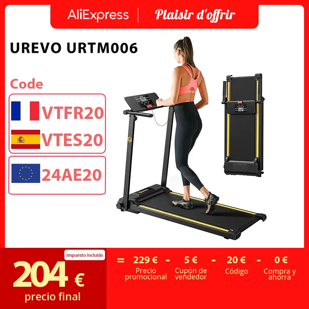 Urevo Urtm006 Mini Tapis Roulant Foldi, Velocità Massima 1-10 Km/H, Area Di Camminata 105*40Cm, Carico Massimo 100Kg, 12 Programmi Hiit Integrati