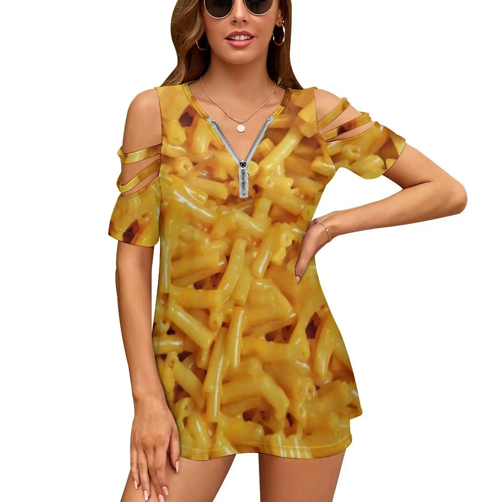 Mac And Cheese Women Zipper Sexy Printed Vintage T-Shirt Top Full Print T-Shirt Cool For Teens For Dad Funny Mac N Cheese