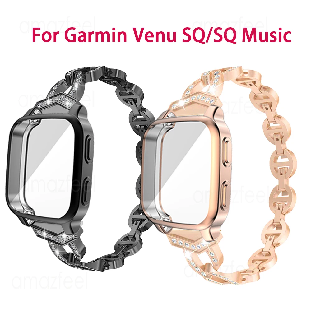 Diamond Watchband + Case With Screen For Garmin Venu Sq Music Venu Sq Band Quick Release Watch Stainless Steel Belt Watch Strap