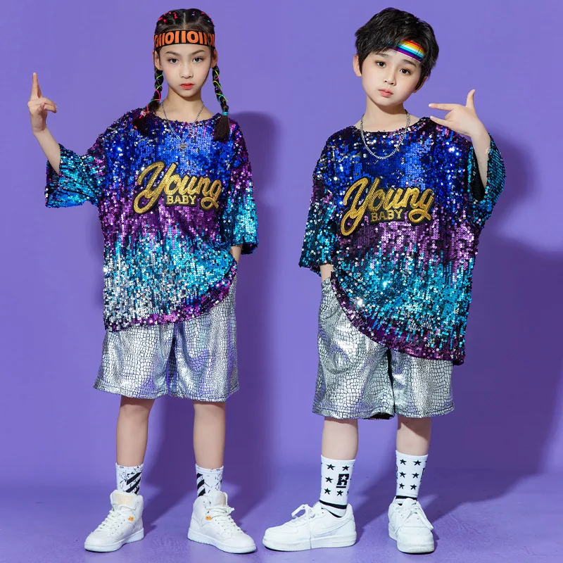 Lolanta Kids Hip-Hop Jazz Dance Suit Costume Per Boy Girl Wear Outfit Paillettes Silver Performance Walking Show Fashion Band Wear