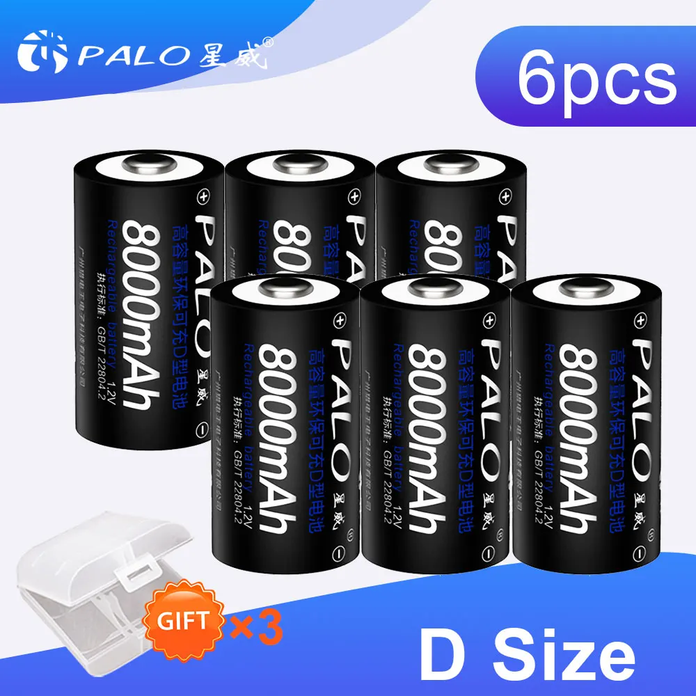 Batterie Ricaricabili Palo 2 ~ 8Pcs 8000 Mah 1.2V R20 D Per Luce Flash Fornello A Gas Radio Frigorifero Con Custodia Batteria