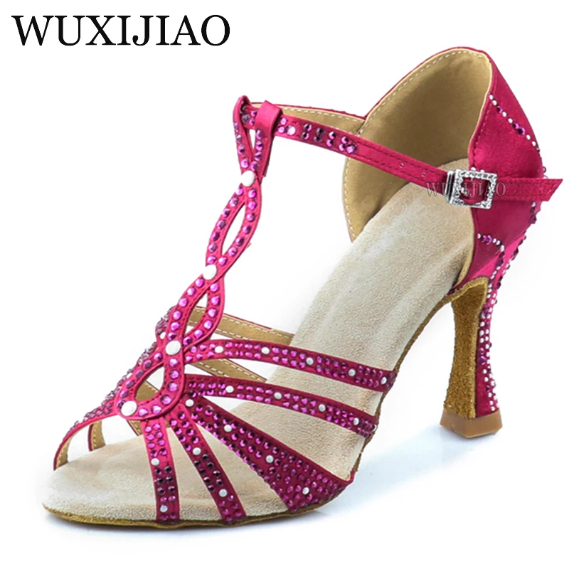 Wuxijiao Scarpe Da Ballo Latino Nuovo Raso Fucsia Lucido Strass Tacchi Alti Cubani 9Cm Scarpe Da Ballo Salsa