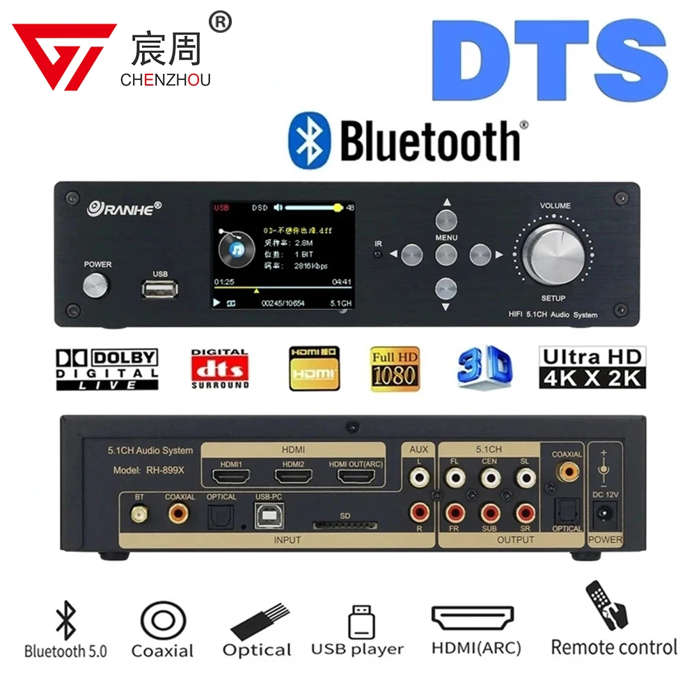 Hdmi Dts Dolby Ac3 Atmos Decoder 5.1 Lossless U Disk Playback Dsd Bluetooth 5.0 Fibra Coassiale Audio Dac Flac Pcusb Splitter Professional 5.1 Channel