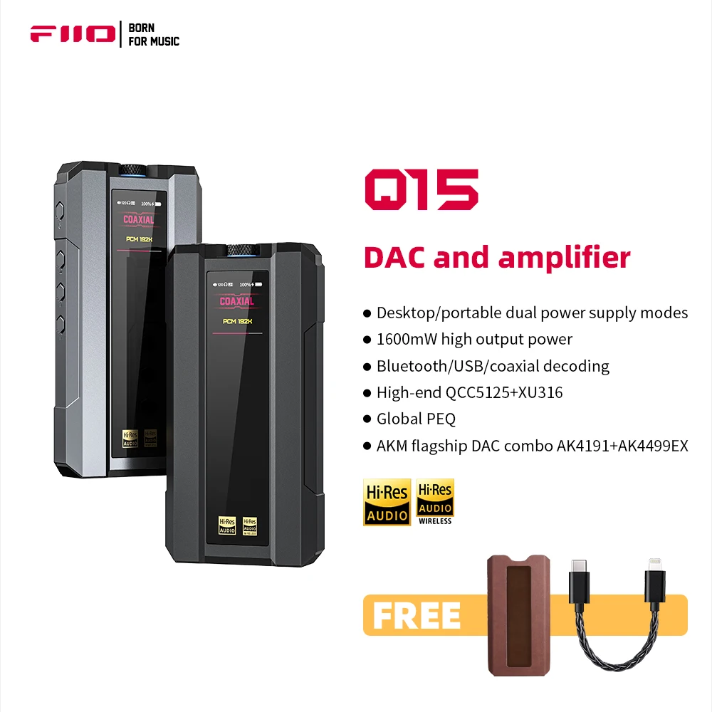 Fiio Q15 Bluetooth 5.1 Hifi Amplificatore Per Cuffie Lettore Mqa Decoder Usb Dac Muslimate Pcm768 Dsd512, Coassiale/Usb