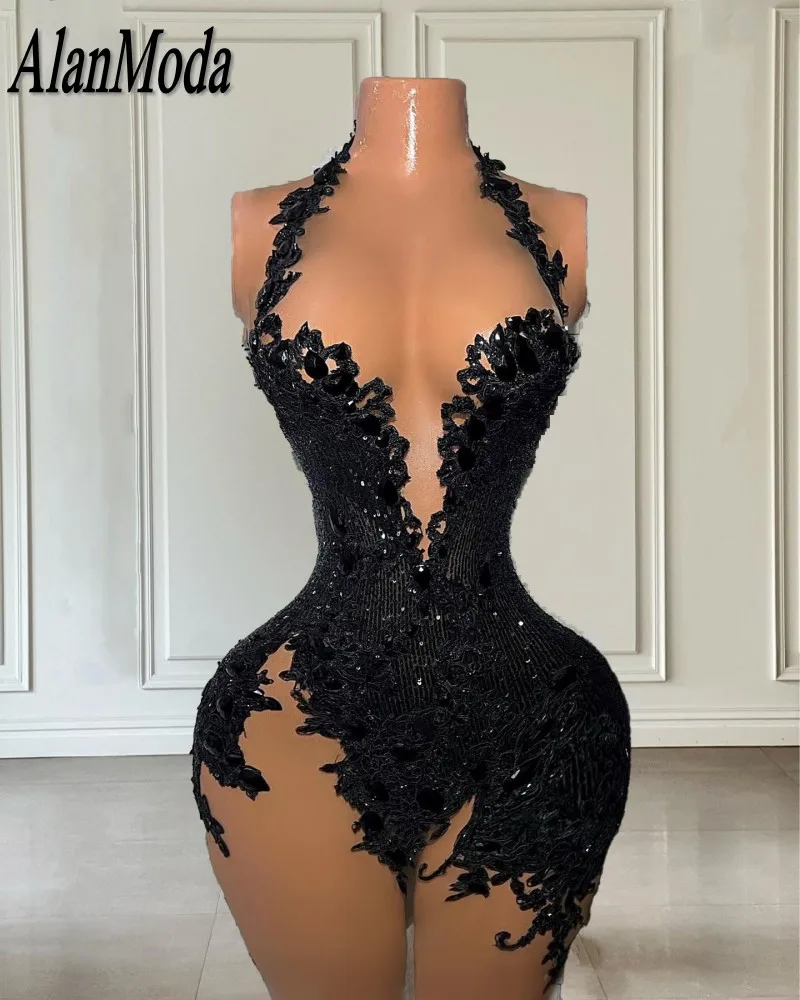 Sexy Little Black Party Dress 2023 Paillettes Halter Mermaid Prom Gowns Lace Applique Vestidos De Laurea Abiti Da Cocktail