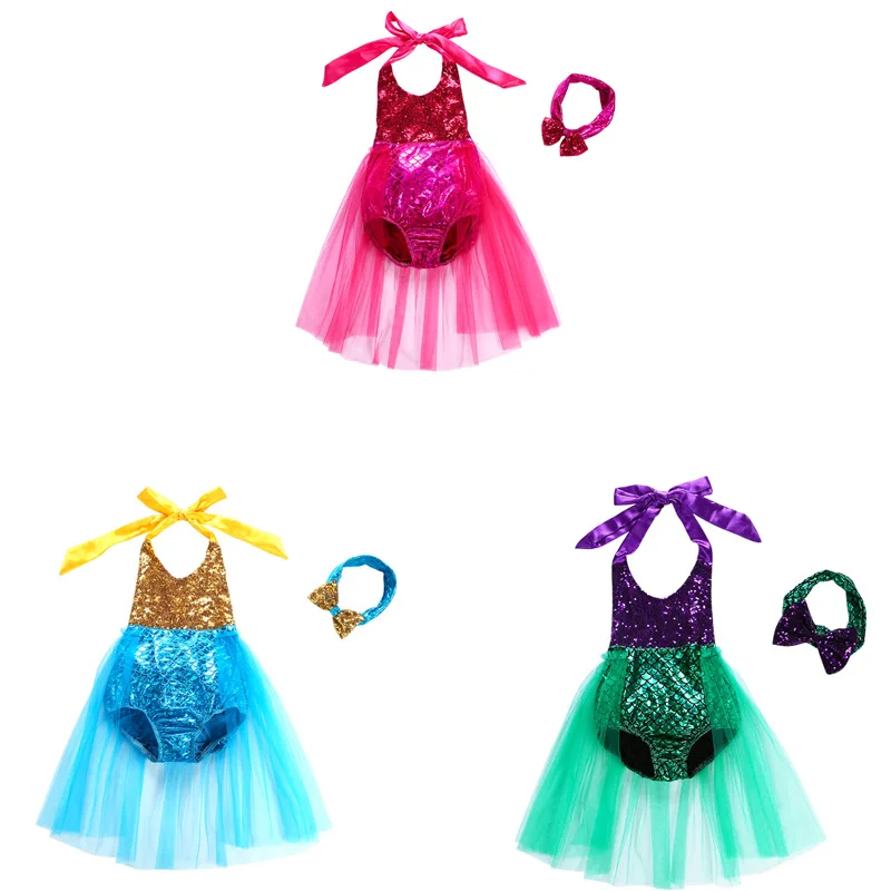 2023 New Little Girl Mermaid Dress Halloween Role Play Baby Beach Abbigliamento Fish Scale Swimwear Bikini Swimwear Female