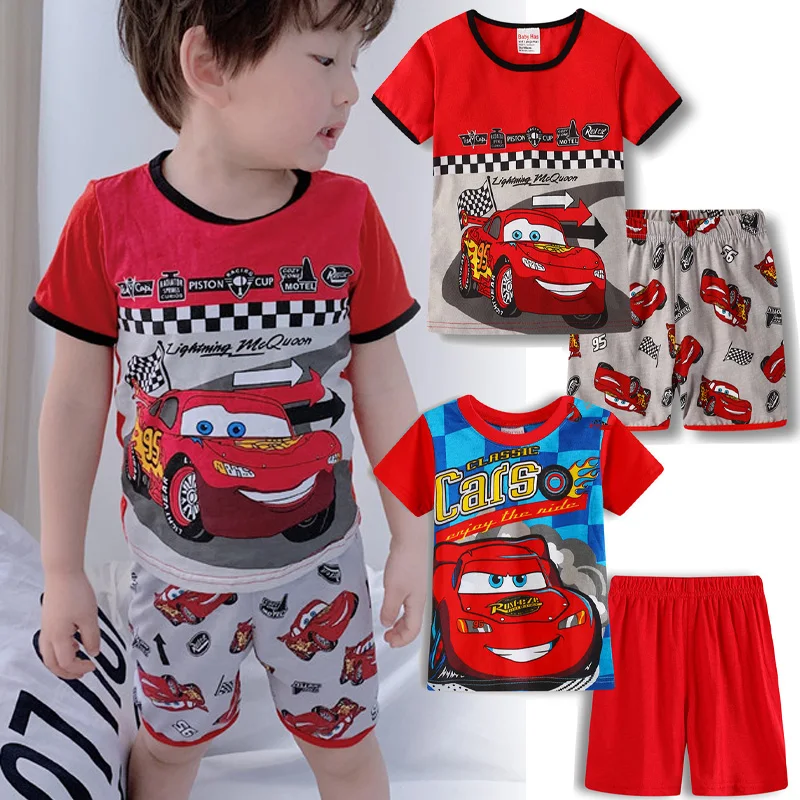 New Anime Disney Cars Shorts T-Shirt Set Cartoon Bambini Lightning Mcqueen Pigiama Summer Coolness Cotton Home Clothing