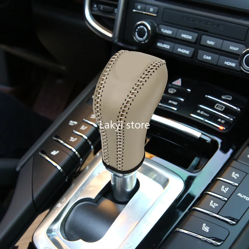 Top Layer Leather Car Gear Head Shift Collari Cover Protector Sleeve Per Porsche Cayenne 2011-2017 Car Gear Cover Beige
