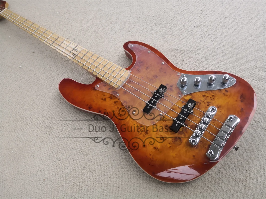 Basso A 4 Corde Milwaubass Ash Wood Body Burl Maple Top White Binding Acrilico Pickguard Bridge Di Alta Qualità Wilkinson Pickup
