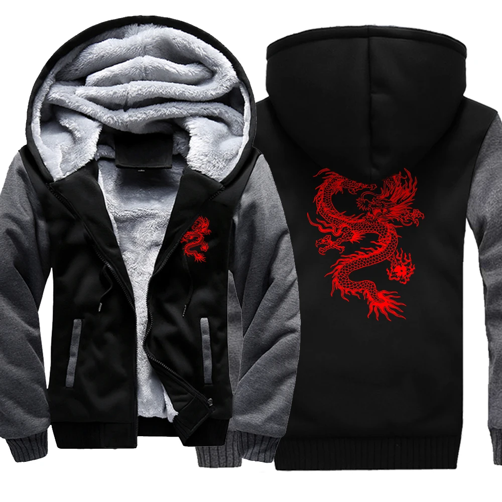 The Red Dragon Japan Harajuku Print Mens Hoody Winter Pocket Jacket Warm Plus Velvet Ispessimento Coat Fleece Abbigliamento Sciolto