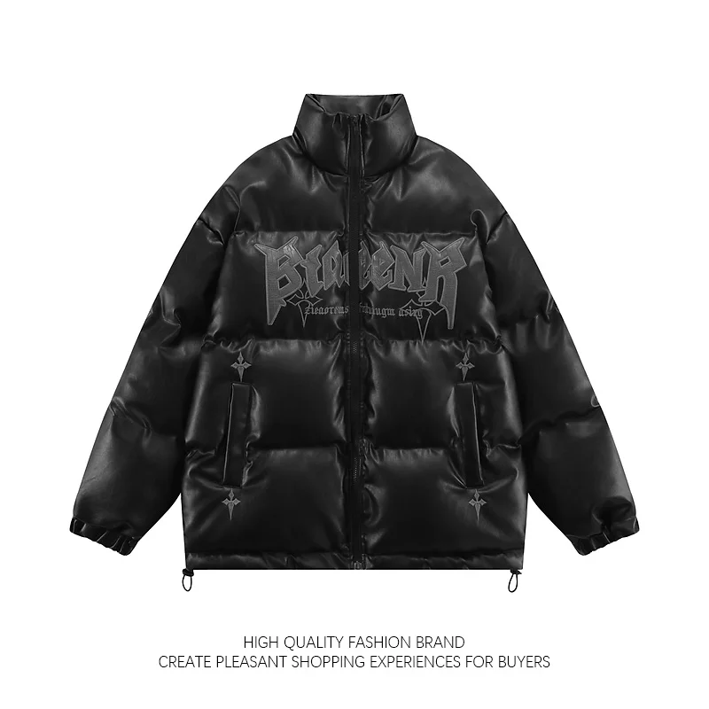 American Embroidered Pu Leather Parkas Stand-Up Collar Gothic Letter Padded Jacket Unisex Retro Hip-Hop Winter Warm Thicken Coat