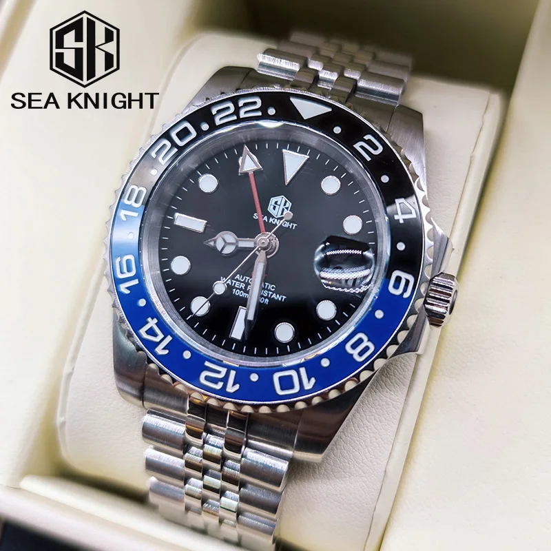 Sea Knight Top Vintage Gmt Men Dive Watch Jubilee Strap 100M Impermeabile Sapphire Men Nh34 Movimento Orologio Meccanico Automatico