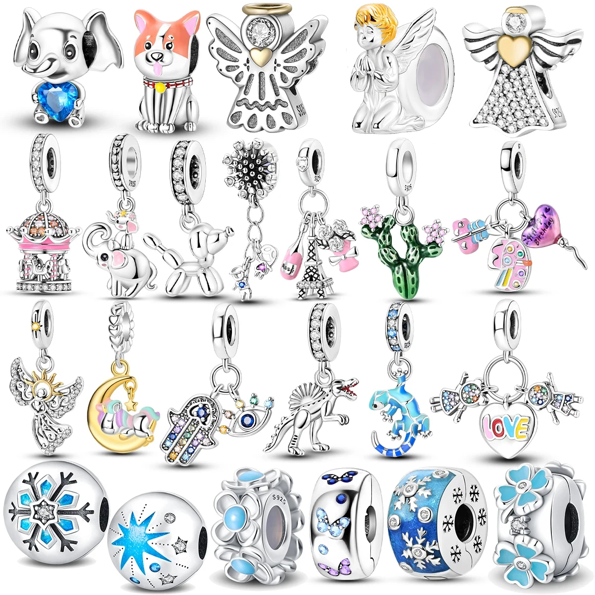 925 Sterling Silver Pink Elephant Dinosaur Angel Charm Fit Originale Pandora Bracciale Charm Bead Collana Gioielli Femminili Fai Da Te