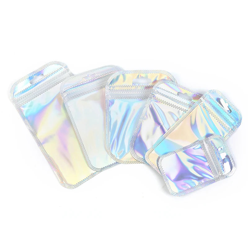 50 Pezzi S/M/L Chiusura A Cerniera Piatta Sale Da Bagno Borsa Cosmetica Un Lato Trasparente Laser Olografico Mini Sacchetti Con Chiusura A Zip In Allu