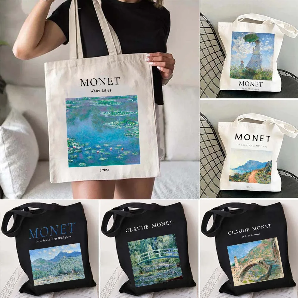 Borsa A Tracolla In Tela Da Donna Borsa A Tracolla In Tela Da Donna Claude Monet Dipinti Paesaggistici Harajuku Shopping Girl Handbags Shopper Cotton 