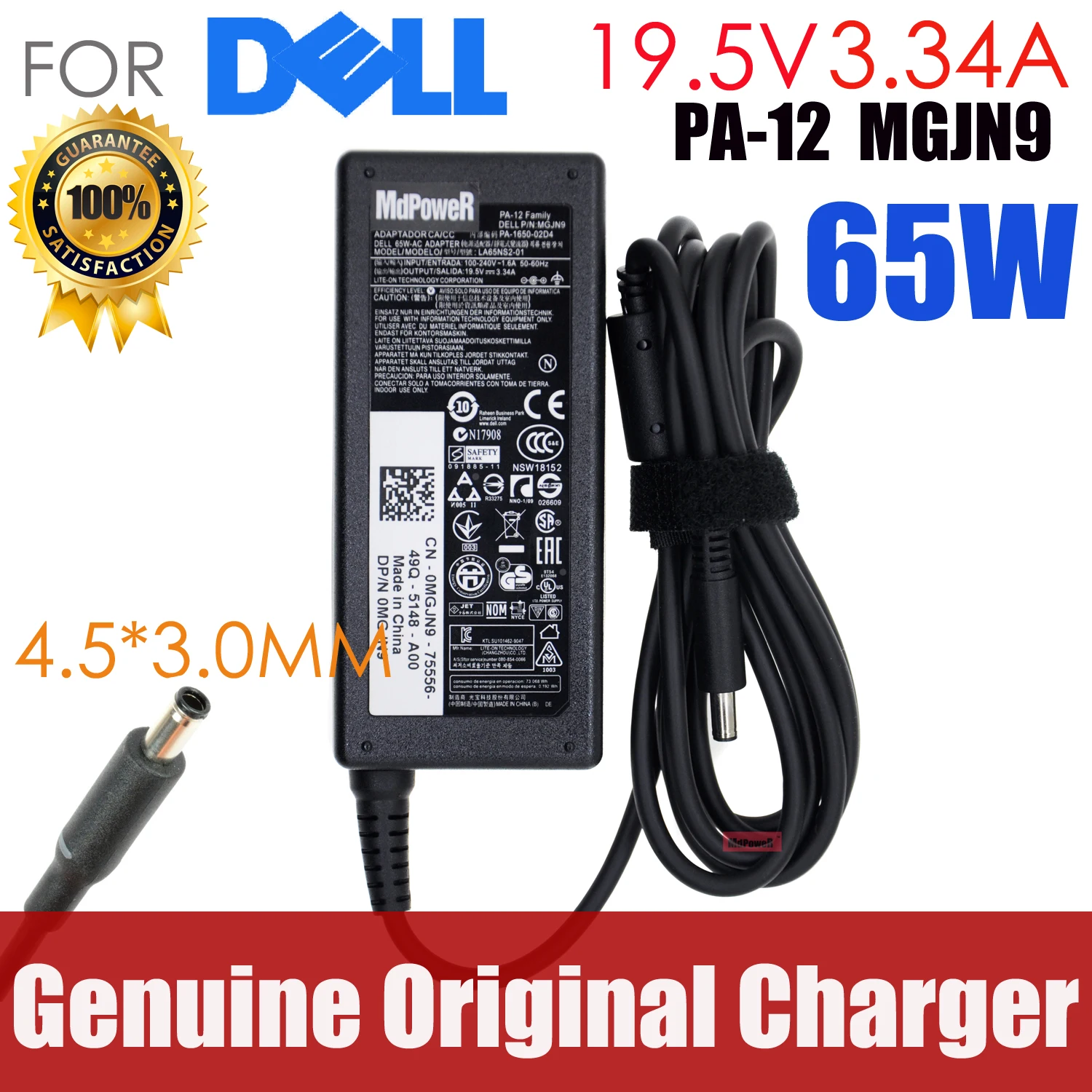 Originale 19.5V 3.34A 65W Laptop Charger Ac Adapter Per Dell Vostro 15 3561 3562 3565 3568 3572 3578 5568 5370 Xps 13 9333 9344