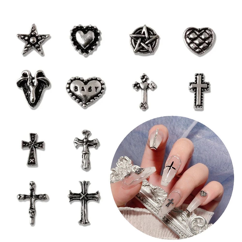 50Pcs Nail Art Punk Retro Silver Cross Charm,3D Mini Chrome Heart Nail Decoration Gioielli Accessori In Lega Suggerimenti Per Manicure Gemme