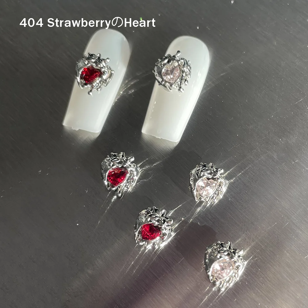 -Strawberrybows Heart- Kiyomi Punk Lava Liquid Nail Charms Chrome Melt Strawberry Heart Diamonds Inside Alloy Trendy Jewelry 404Nail
