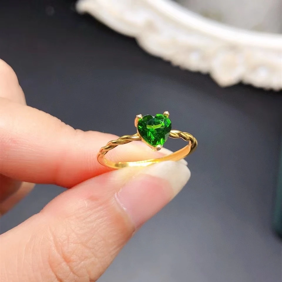 Classsic Heart Gemstone Anello Di Fidanzamento Per Donna 6Mm 0.7Ct Natural Diopside Ring Soild 925 Silver Chrome Diopside Jewelry