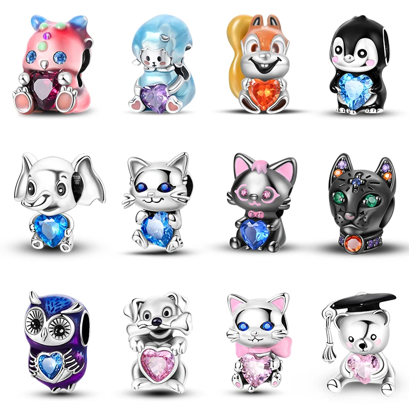 925 Sterling Silver Lovely Animal Cat Squirrel Penguin Heart Zircone Charms Beads Fit Pandora Original Bracciali Fine Gioielli Fai Da Te