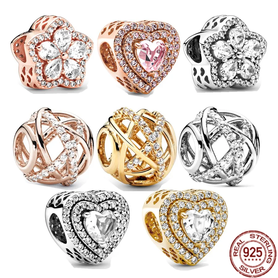 Argento 925 Scintillante Fiocco Di Neve In Oro Rosa, Circolare, A Forma Di Cuore Charm Bead Fit Originale Pandora Collana Braccialetto Gioielli Fai Da