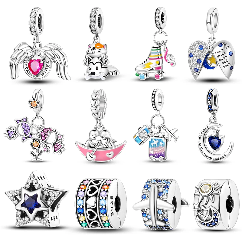 925 Sterling Silver Pink Heart Wings Pattino Scarpa Aircraft Camera Charms Perline Ciondolo Fit Pandora 925 Gioielli Braccialetto Originale