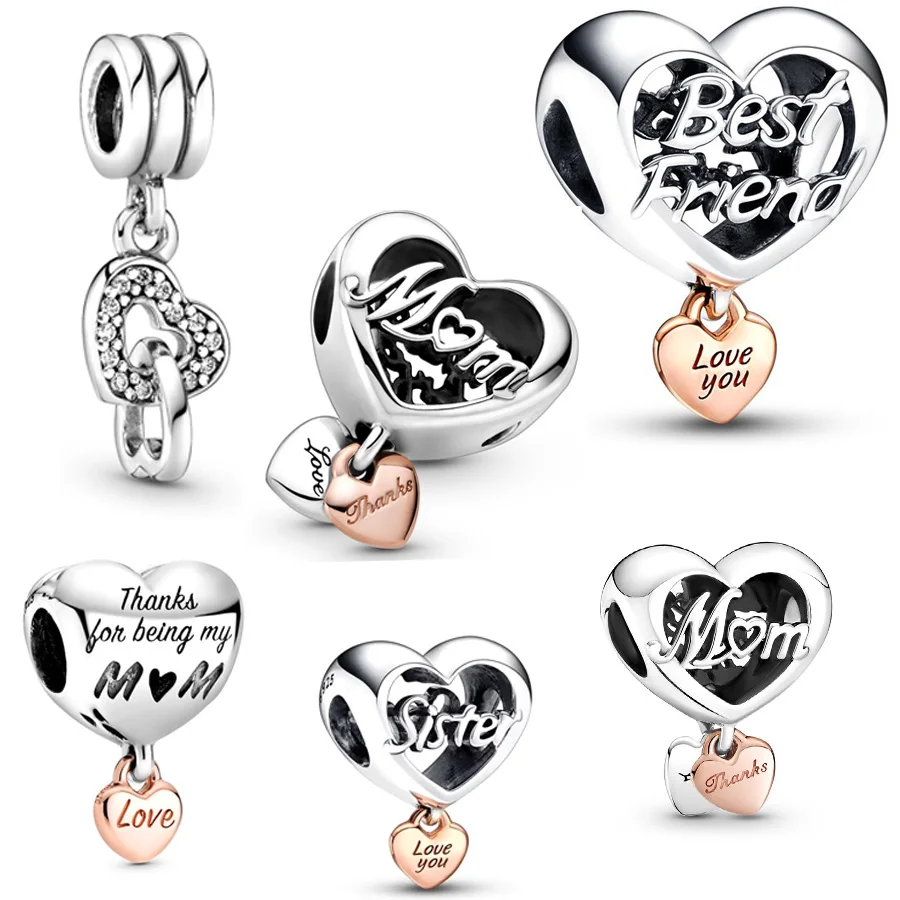 Argento 925 Love You Best Friend Heart Charm & Interlocking Hearts Ciondola La Collana Di Perline Adatta Al Braccialetto Pandora Originale Per Gioiell