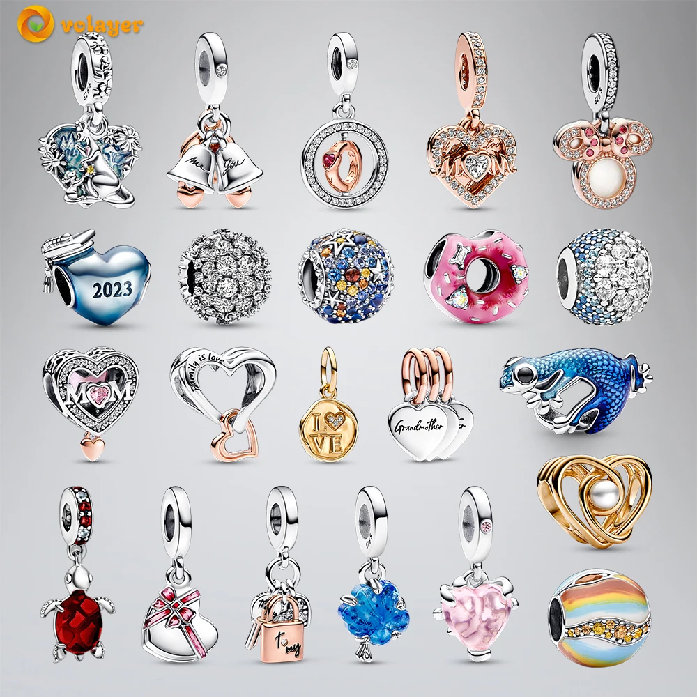 Volayer 925 Sterling Silver Beads Heart & Mum Heart & Dog Double Birthday Gift Box Ciondola Charms Fit Bracciali Pandora Originali