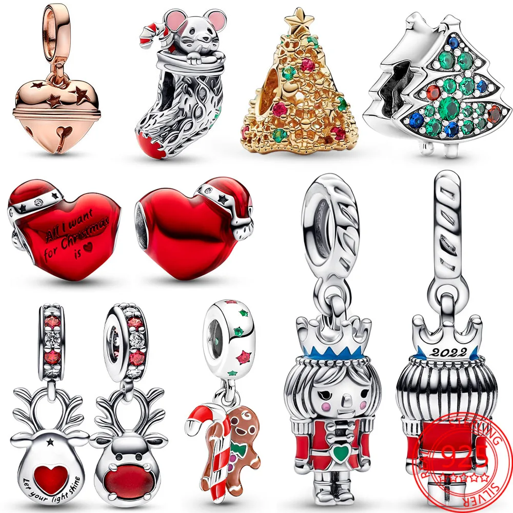 Original Christmas Car & Tree Renna Mouse Charm Red Heart Beads Fit Pandora Bracciale Fai Da Te S925 Gioielli In Argento Regalo Di Natale