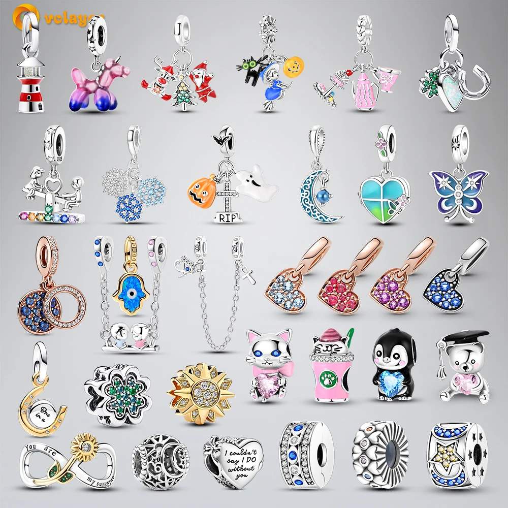 Volayer 925 Sterling Silver Beads Witch Merry Christmas Four Snowflake Unicorn Leaf Clover Charms Fit Bracciali Pandora Originali