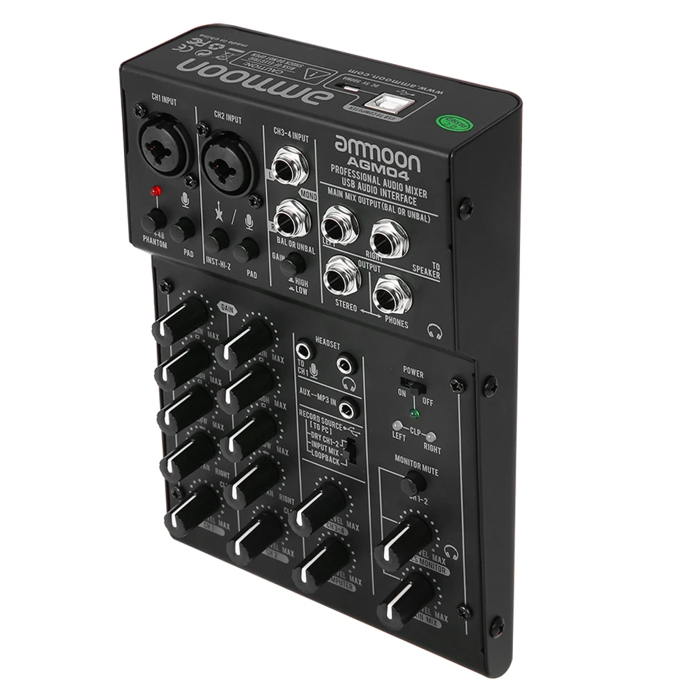 Ammoon Agm04 4-Channel Mini Console Di Missaggio Digitale Mixer Audio 2-Band Eq Built-In 48V Phantom Power 5V Usb Alimentato Per Dj Live