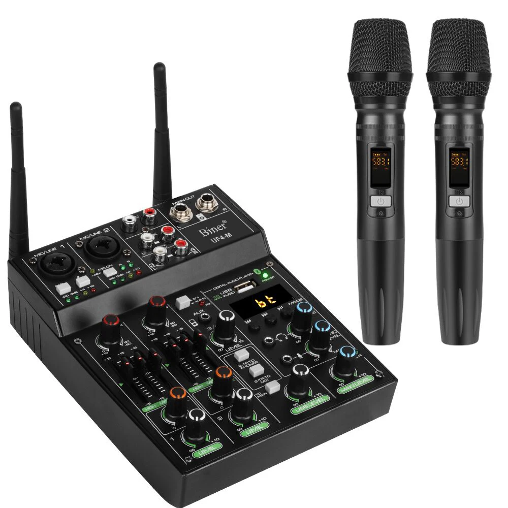 Mini Mixer Audio Portatile Professionale A 4 Canali Con 2 Microfoni Wireless Console Audio Usb Dj A 4 Canali
