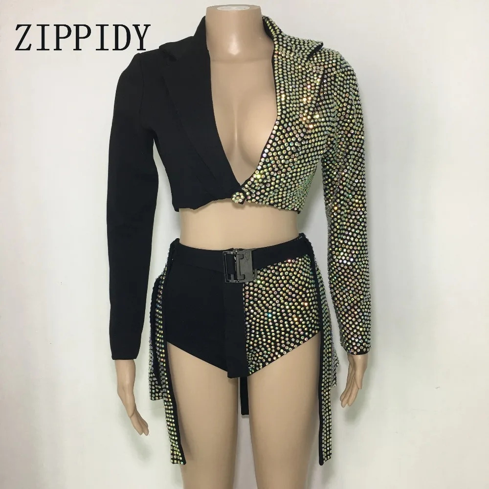 Sparkly Ab Strass Abbigliamento Set Giacca Di Disegno Del Bicchierino 2 Pezzi Set Dj Femminile Cantante Locale Notturno Di Ballo Pietre Gonna Costum
