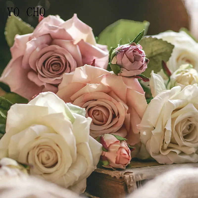Yo Cho 2 Testa Vintage Grandi Rose Fiori Di Seta Artificiale Ramo Grande Fiore Seta Peonia Bianca Fiori Finti Autunno Casa Di Nozze